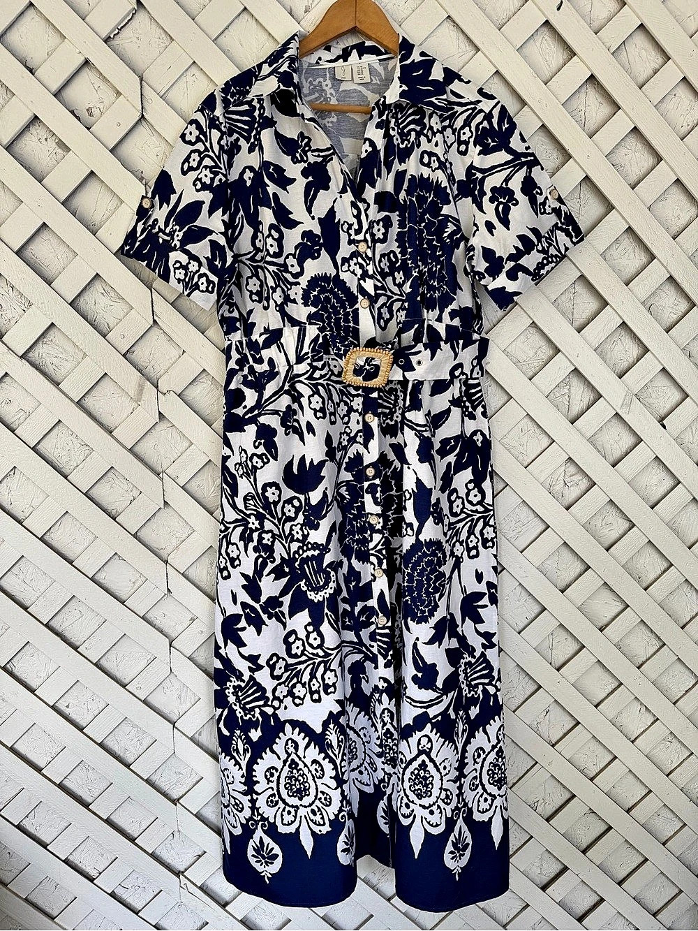 joie Blue and White Floral Belted Shirt Dress Bohemian Midi XL